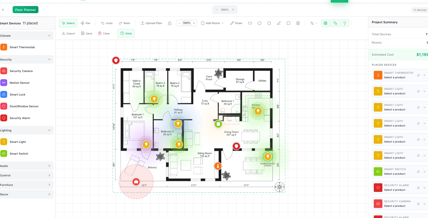 Smart Home Floor Planner - Completed Design with Devices